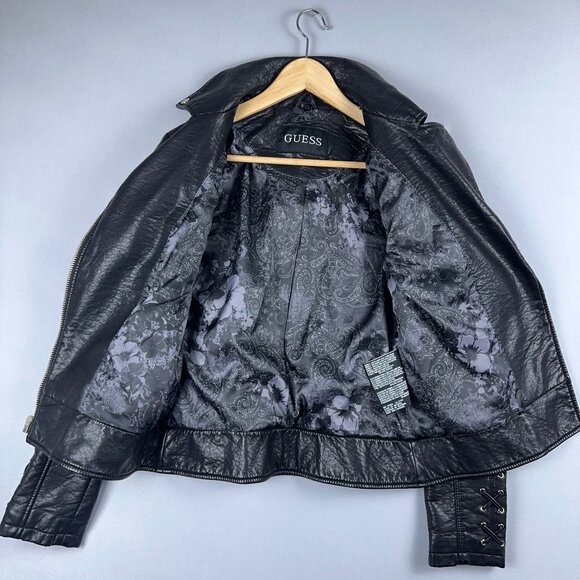 GUESS Leather Moto Biker Jacket Womens Size X Small Lace Up Sleeves Black - Picture 4 of 15